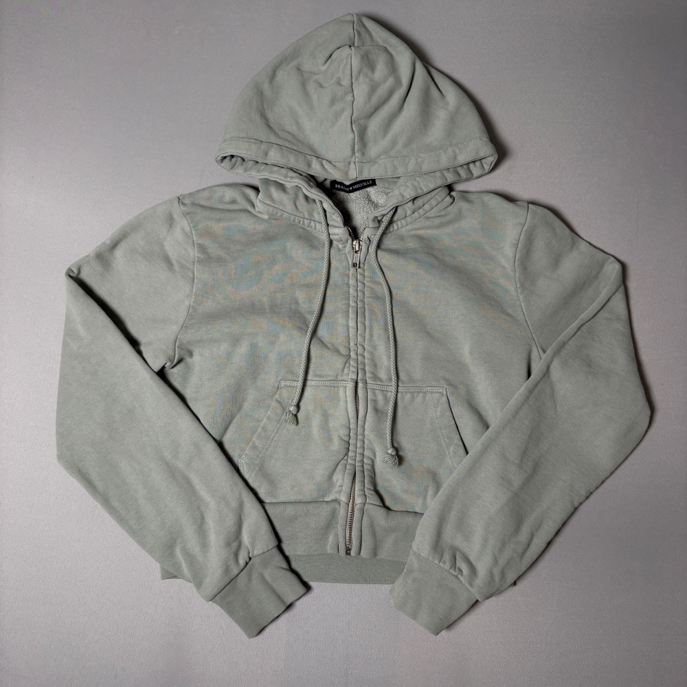 Brandy Melville Crystal Hoodie Sage Green Zip Up Cropped Sweatshirt